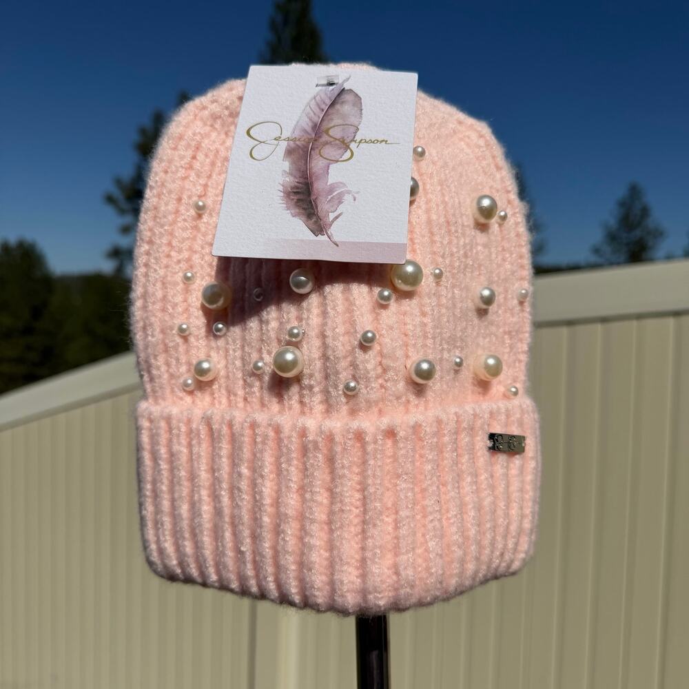 NWT Jessica Simpson Pink Faux Pearl Knit Cuffed Beanie Hat Barbie Style Cute